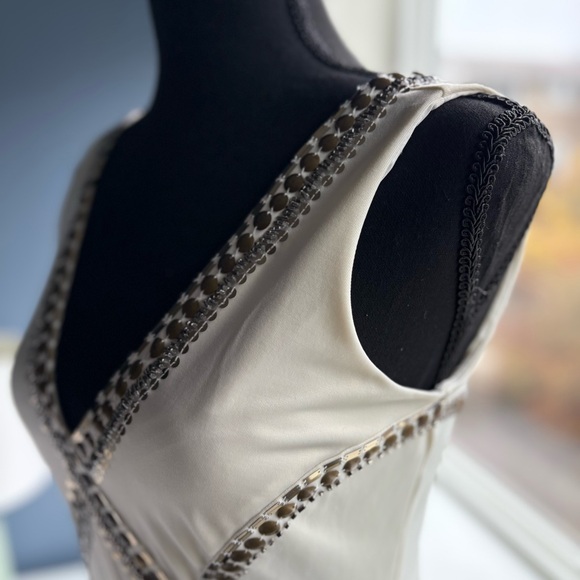 Bebe Cream Bodycon Sleeveless Mini Dress with Gold Studs & Sequins - Sexy Party - Picture 11 of 16